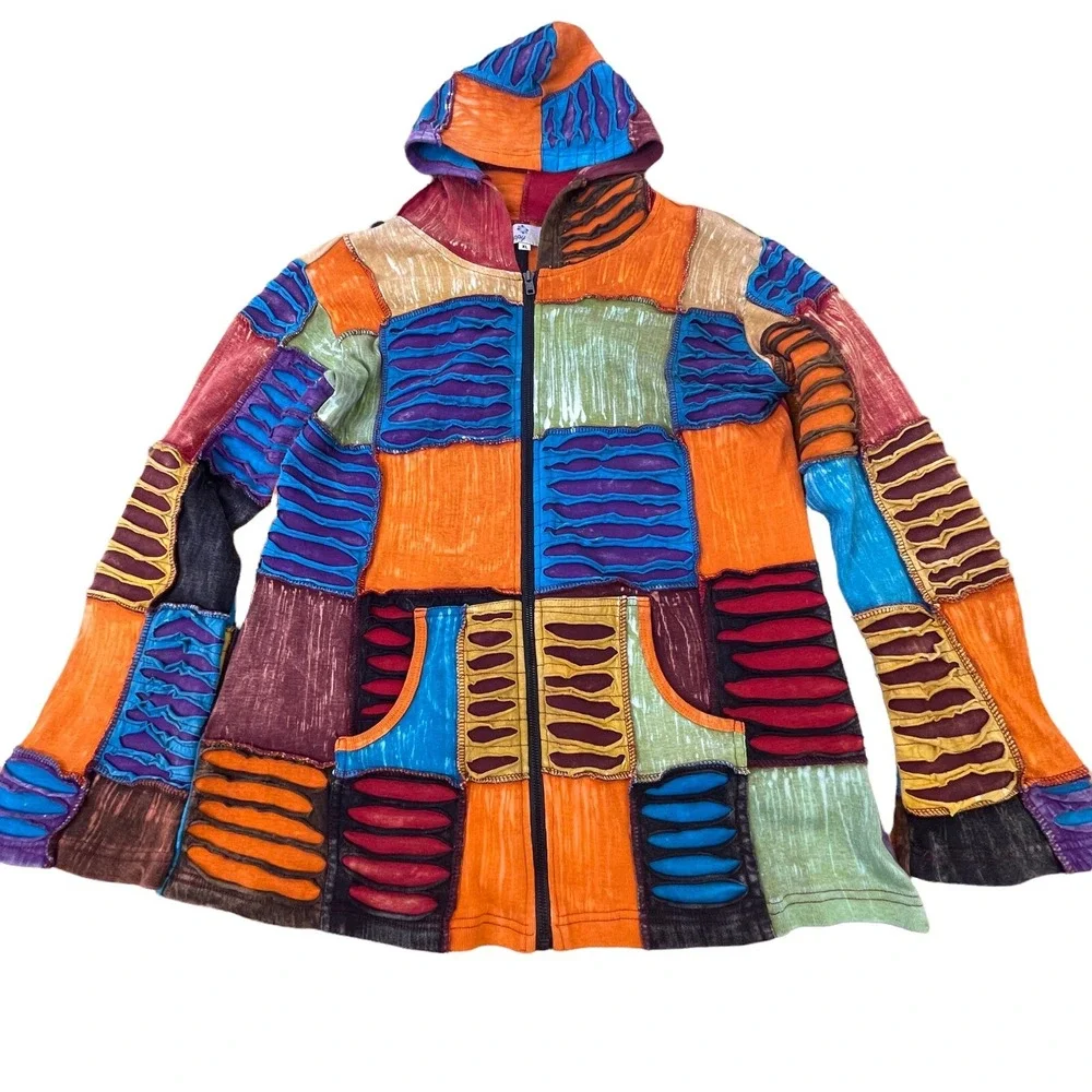 Happy Colors‎ Womens XL Jacket Hoodie Multicolor Patchwork Boho Hippy Distressed